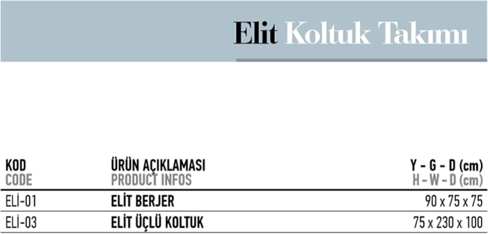 Elit Koltuk Takımı Ölçü
