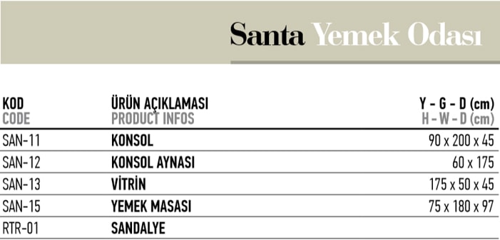 Santa Yemek Odası Ölçü